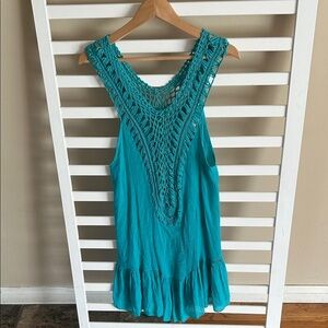AMIANI Teal Crochet Detail Dress Bathing Suit Coverup One Size